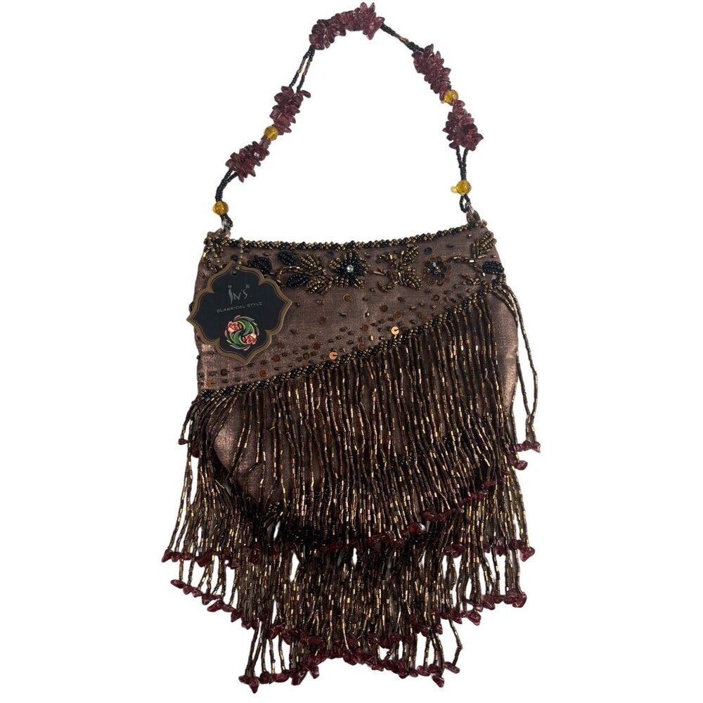 Vtg 80s In’s Classical Style Women's Brown Floral Beads Shoulder Bag Sz S